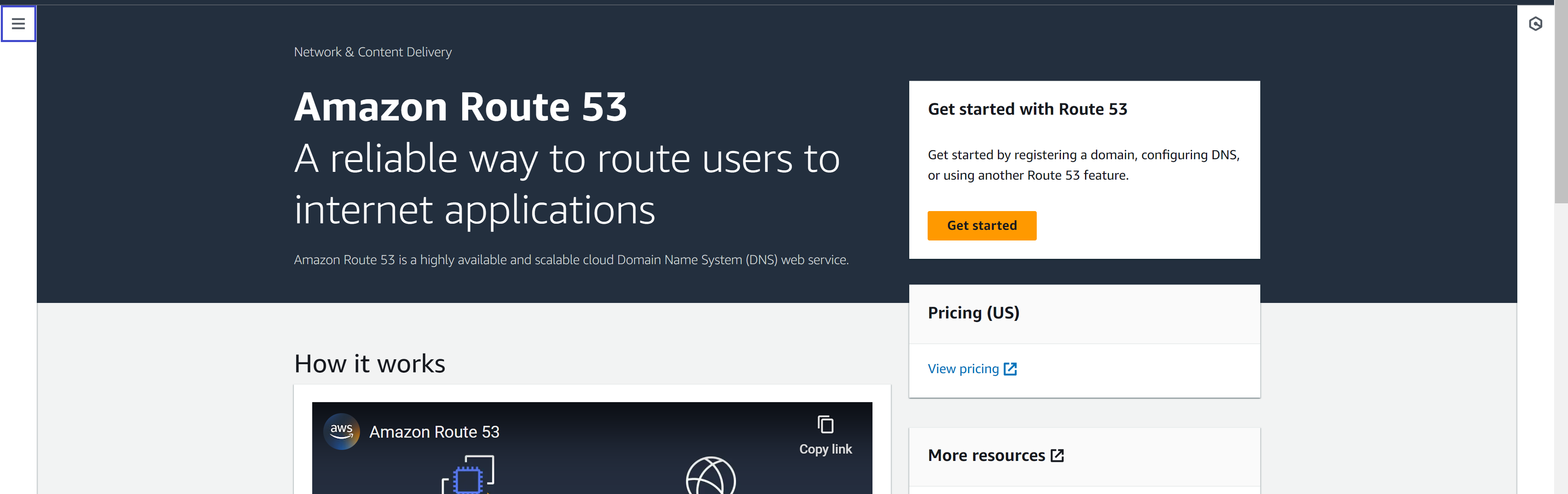 picture of Route 53 homepage on AWS Mangement console, with the navigation icon highlighted